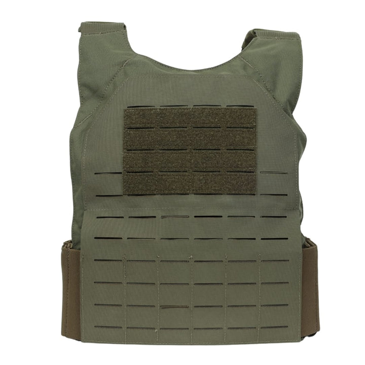 The Premier Body Armor Fortis Bravo Low Profile Carrier is a green vest with laser-cut MOLLE, a stretch cummerbund, and space for armor plates and gear. Shown upright against a white background.