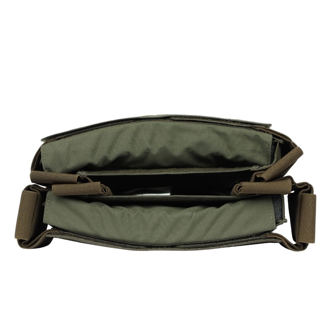 A top view of an open olive green and brown messenger bag, featuring two main compartments and an adjustable shoulder strap—perfect for pairing with the Premier Body Armor Fortis Bravo Low Profile Carrier or other tactical gear.
