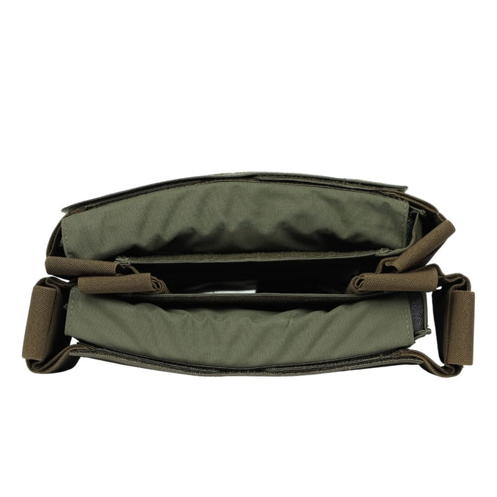 A top view of an open olive green and brown messenger bag, featuring two main compartments and an adjustable shoulder strap—perfect for pairing with the Premier Body Armor Fortis Bravo Low Profile Carrier or other tactical gear.