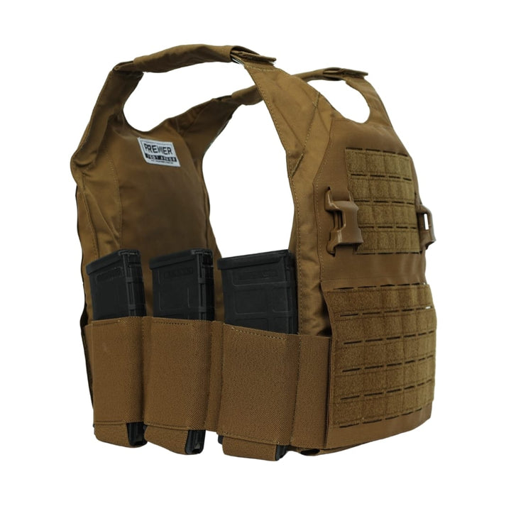 The Premier Body Armor Fortis Bravo Low Profile Carrier features brown fabric, laser-cut MOLLE panels, Velcro patches, a stretch cummerbund, adjustable straps, and black rifle magazine pouches. Displayed on a white background.