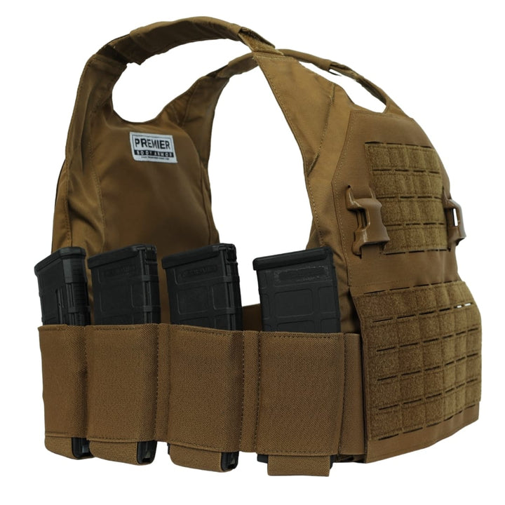 A brown Fortis Bravo Low Profile Carrier by Premier Body Armor with Velcro panels and four black front magazine pouches, each holding a rifle magazine.