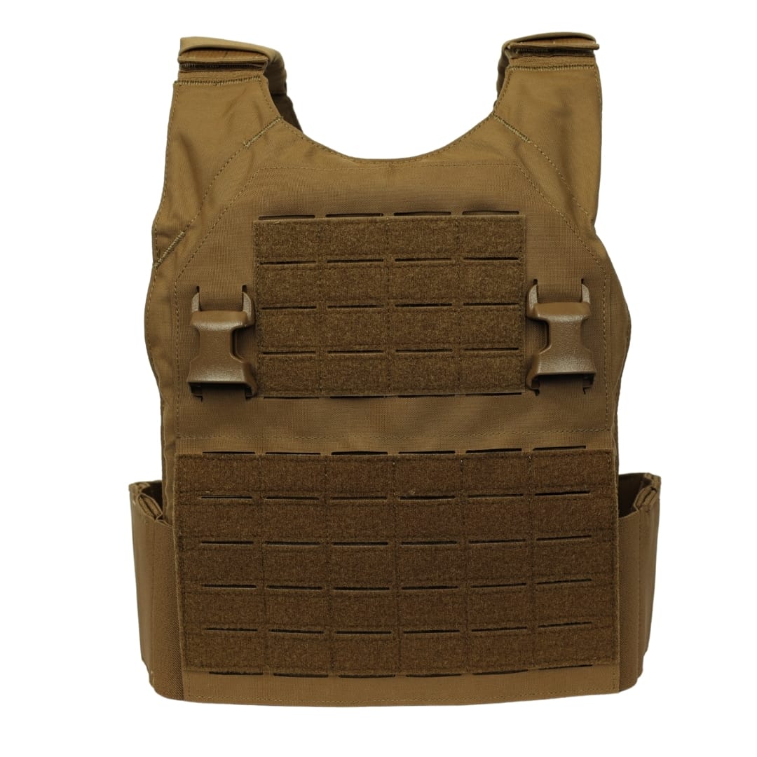 The Premier Body Armor Fortis Bravo Low Profile Carrier in tan features hook-and-loop panels, adjustable shoulder straps, a stretch cummerbund, and laser-cut MOLLE side panels, shown laid flat on a white background.