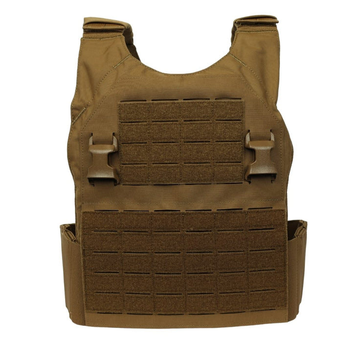 The Premier Body Armor Fortis Bravo Low Profile Carrier in tan features hook-and-loop panels, adjustable shoulder straps, a stretch cummerbund, and laser-cut MOLLE side panels, shown laid flat on a white background.