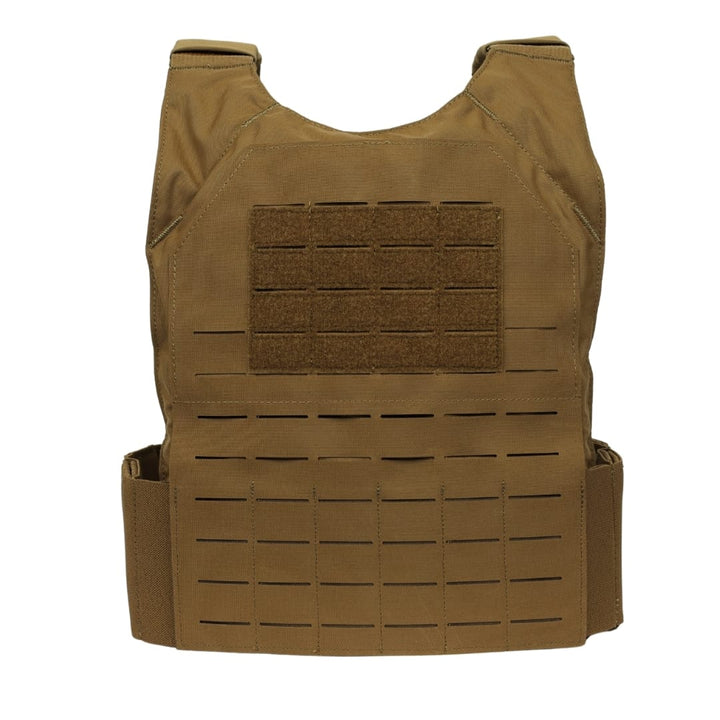 The Premier Body Armor Fortis Bravo Low Profile Carrier is a tan vest with a stretch cummerbund, hook-and-loop panel, and laser-cut MOLLE front for holding armor plates and gear attachments.