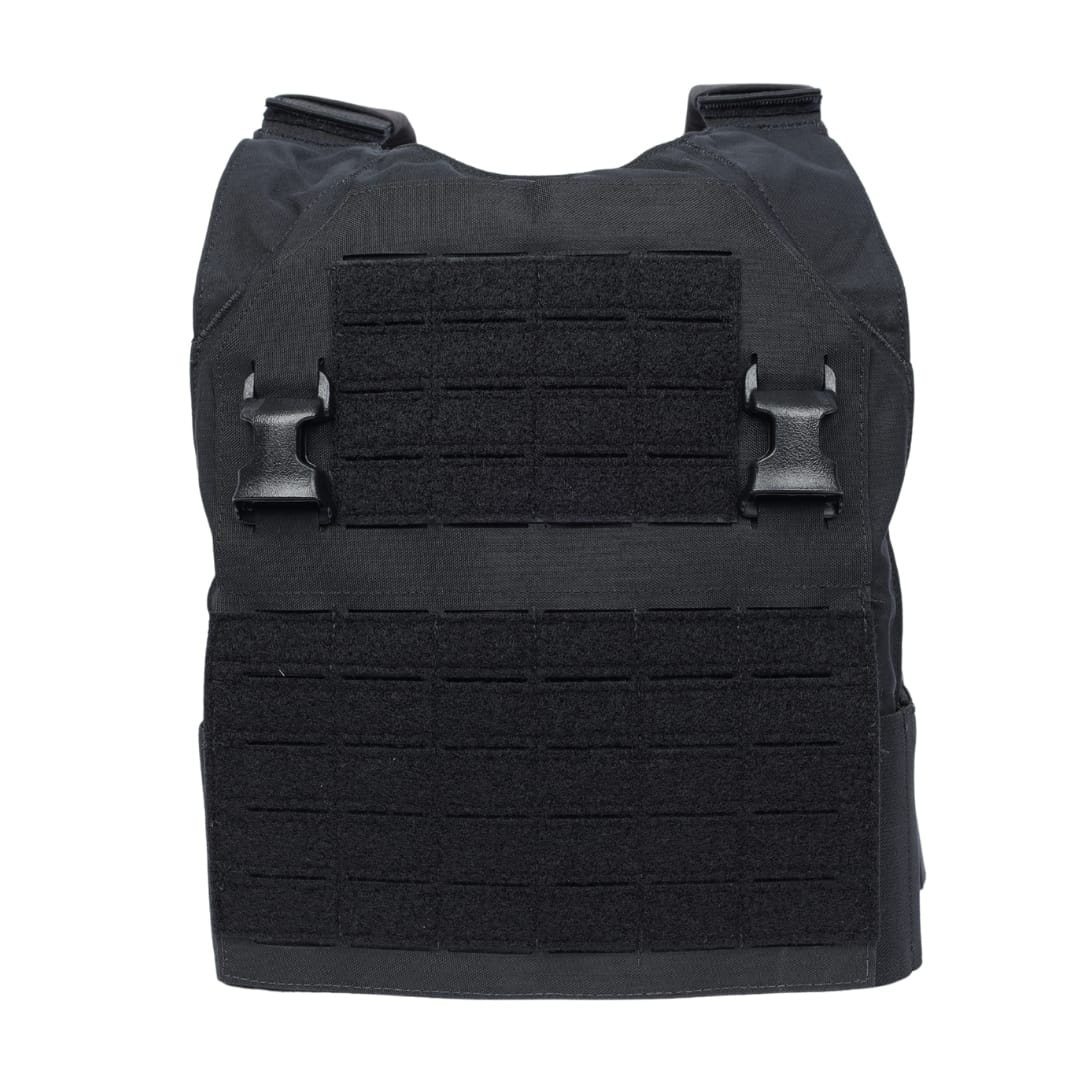 The Premier Body Armor Fortis Bravo Low Profile Carrier, in black, features adjustable shoulder straps, dual front buckles, a stretch cummerbund, and multiple Velcro rows for accessories. Shown on a plain white background.