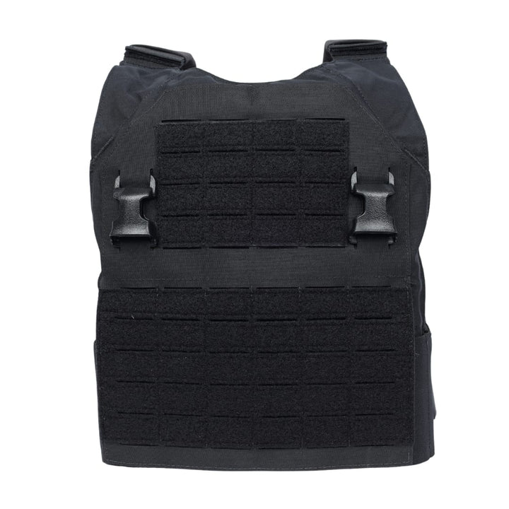 The Premier Body Armor Fortis Bravo Low Profile Carrier, in black, features adjustable shoulder straps, dual front buckles, a stretch cummerbund, and multiple Velcro rows for accessories. Shown on a plain white background.