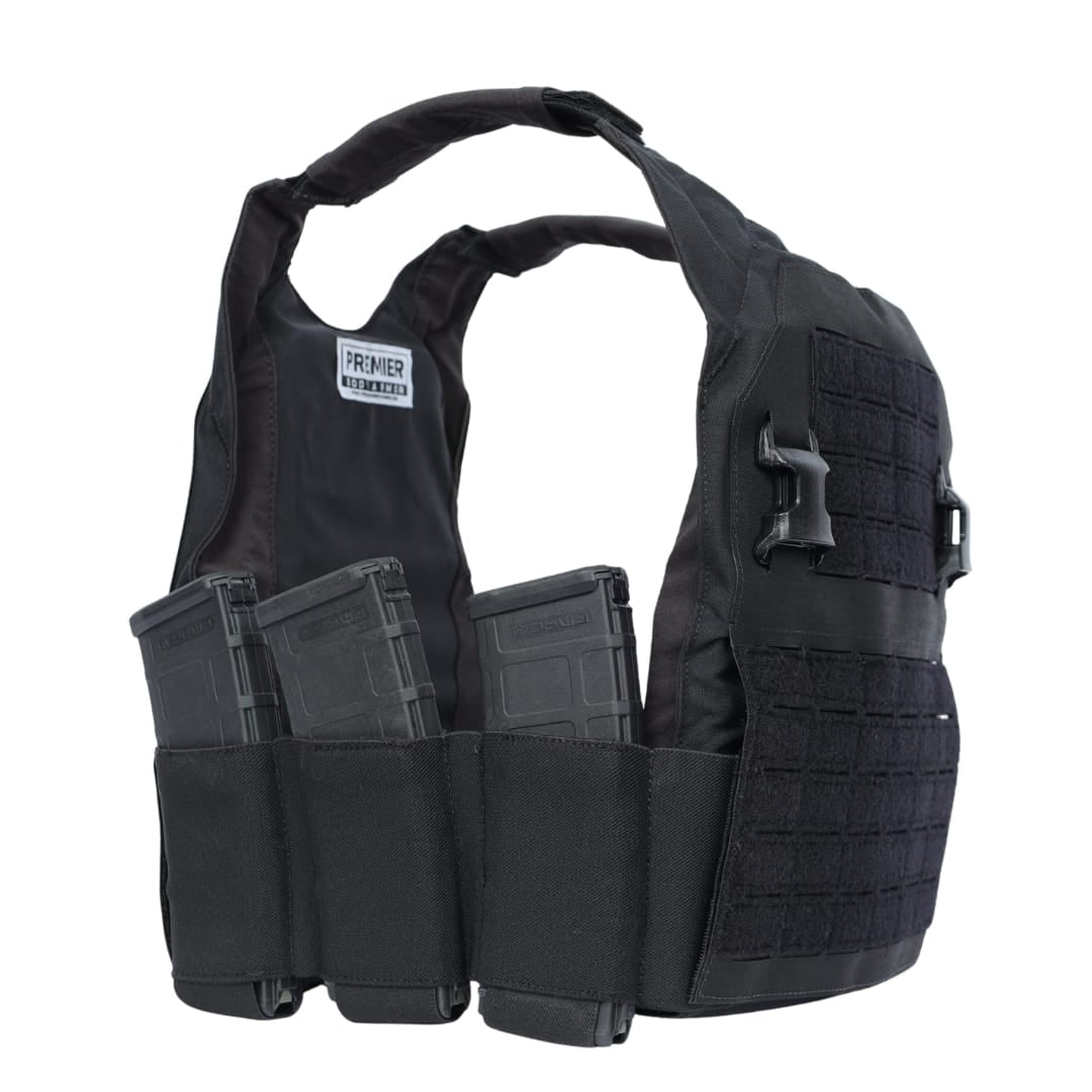 The Premier Body Armor Fortis Bravo Low Profile Carrier is shown in black with a stretch cummerbund, three rifle mags in front pouches, and laser-cut MOLLE panels. Adjustable angled shoulder straps display the carrier’s side and front.