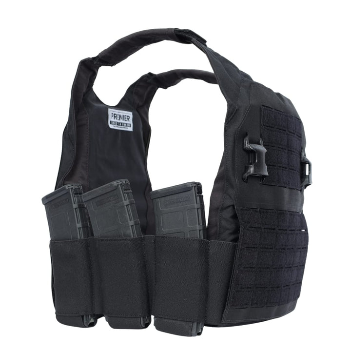 The Premier Body Armor Fortis Bravo Low Profile Carrier is shown in black with a stretch cummerbund, three rifle mags in front pouches, and laser-cut MOLLE panels. Adjustable angled shoulder straps display the carrier’s side and front.