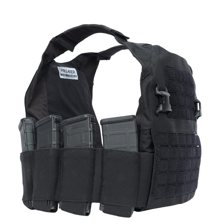 The Premier Body Armor Fortis Bravo Low Profile Carrier is a black vest with laser-cut MOLLE, four front rifle mag pouches, adjustable shoulder straps, a stretch cummerbund, and a hook-and-loop chest patch area.