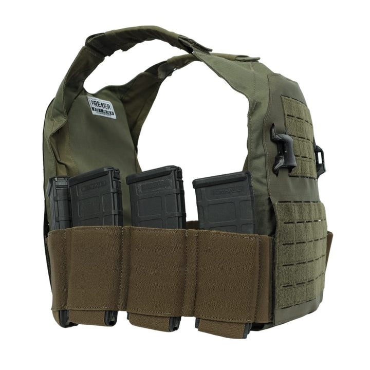 A green Fortis Bravo Low Profile Carrier by Premier Body Armor with brown pouches holds three black rifle magazines on a white background. It features laser-cut MOLLE webbing and a stretch cummerbund for comfort.
