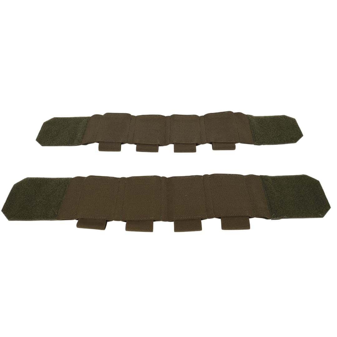 Two brown, rectangular padded straps from Premier Body Armor, designed for the Fortis Bravo Low Profile Carrier, with stitched segments and hook-and-loop ends, are laid flat side by side on a white background.