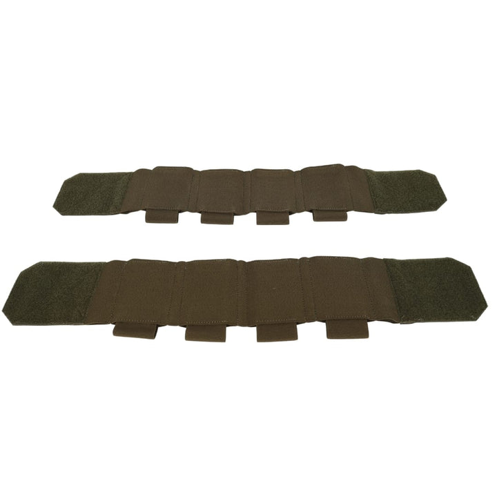 Two brown, rectangular padded straps from Premier Body Armor, designed for the Fortis Bravo Low Profile Carrier, with stitched segments and hook-and-loop ends, are laid flat side by side on a white background.