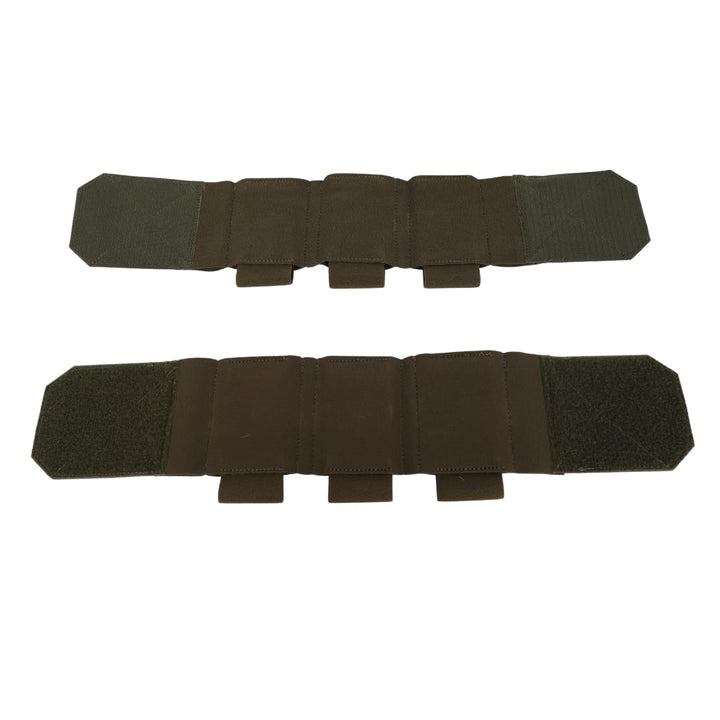 Two olive green pouches with multiple compartments and Velcro closures are shown flat on a white background, one above the other—perfect for use with the Premier Body Armor Fortis Bravo Low Profile Carrier or laser-cut MOLLE setups.