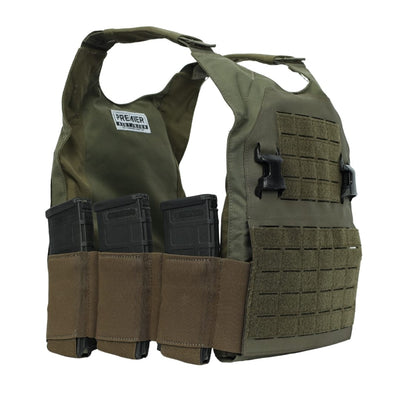 The Premier Body Armor Fortis Bravo Low Profile Carrier is green, with brown magazine pouches holding three black magazines. It features a Velcro "Premier" patch and a laser-cut MOLLE panel on the front for enhanced modularity.