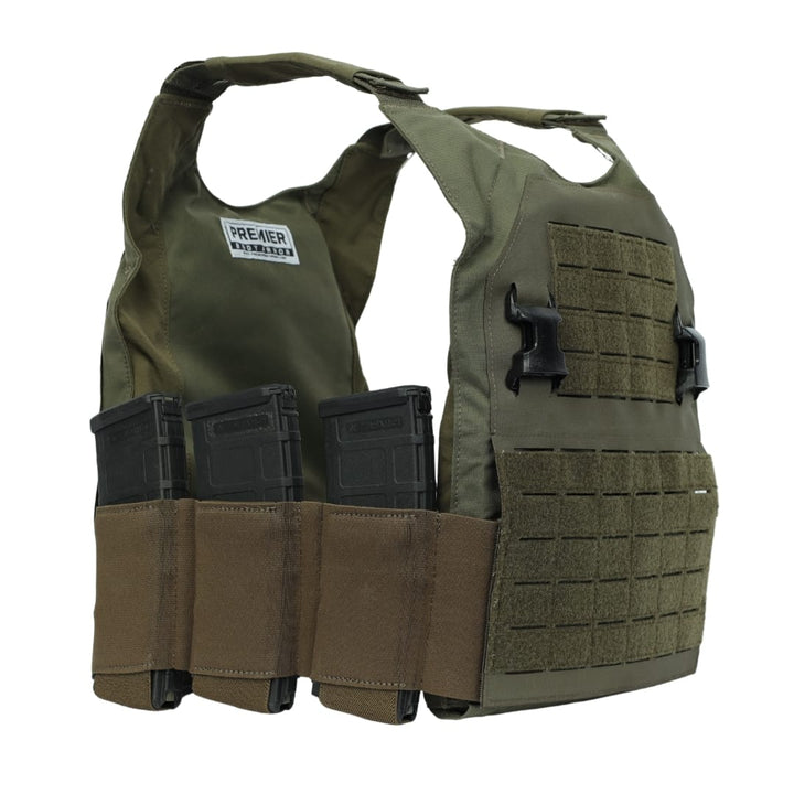 The Premier Body Armor Fortis Bravo Low Profile Carrier is green, with brown magazine pouches holding three black magazines. It features a Velcro "Premier" patch and a laser-cut MOLLE panel on the front for enhanced modularity.