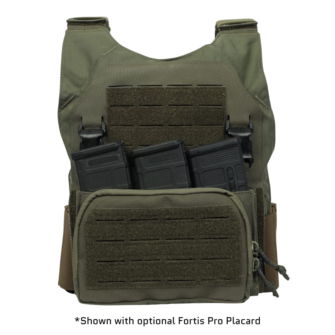 A green Premier Body Armor Fortis Bravo Low Profile Carrier featuring laser-cut MOLLE panels, an attached pouch holding three rifle magazines in front. The text below reads: "*Shown with optional Fortis Pro Placard*".
