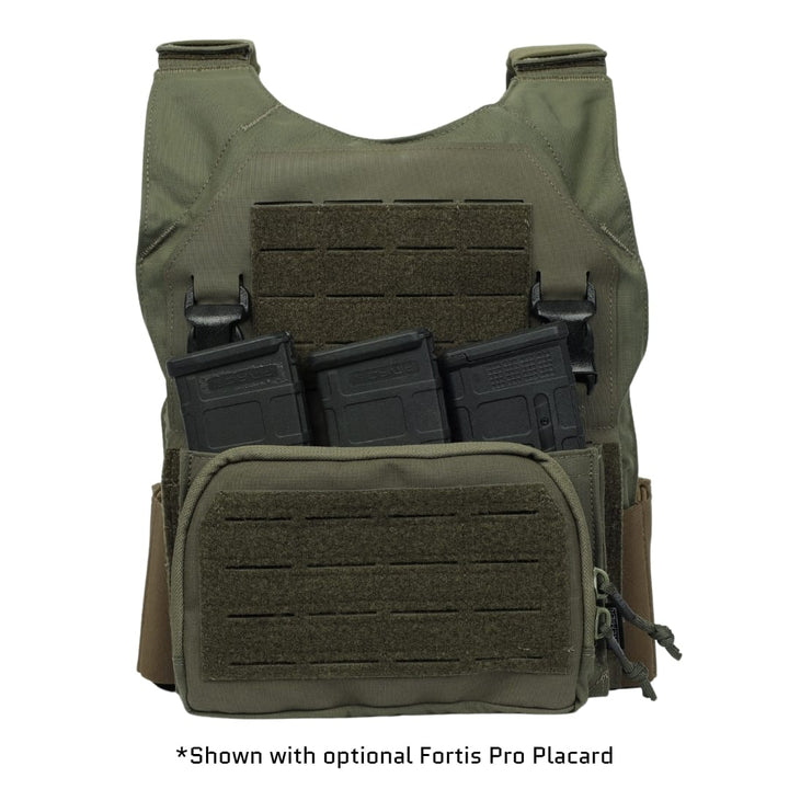 A green Premier Body Armor Fortis Bravo Low Profile Carrier featuring laser-cut MOLLE panels, an attached pouch holding three rifle magazines in front. The text below reads: "*Shown with optional Fortis Pro Placard*".