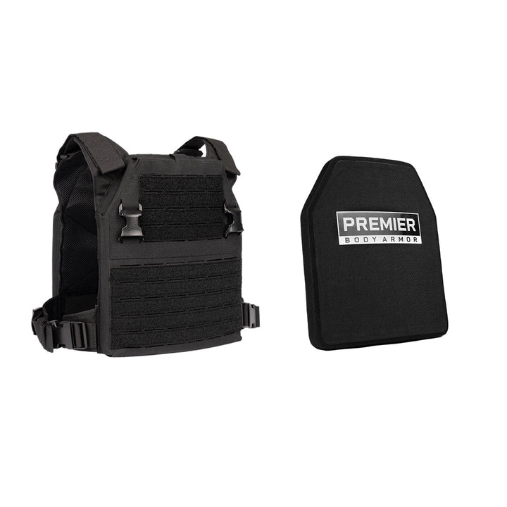 The image features a black tactical vest on the left and a black body armor plate labeled "Premier Body Armor" on the right. The vest, known as the Fortis Level IV Loadout, boasts adjustable straps and multiple attachment points for tactical flexibility. Both items are designed for personal protective purposes.