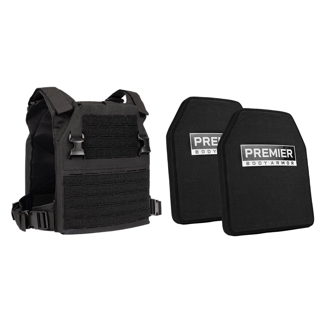 A Fortis Level IV Loadout tactical vest by Premier Body Armor is shown next to two black Level IV Plates also labeled "Premier Body Armor." The vest features multiple straps and buckles, with a front panel designed for attaching additional gear or patches, enhancing tactical flexibility.