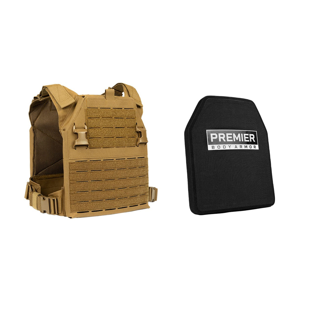 The image displays a tan Fortis Level IV Loadout tactical vest featuring multiple compartments and adjustable straps, positioned next to a black Level IV Plate labeled "Premier Body Armor." Both products, designed by Premier Body Armor for tactical flexibility, are set against a white background.