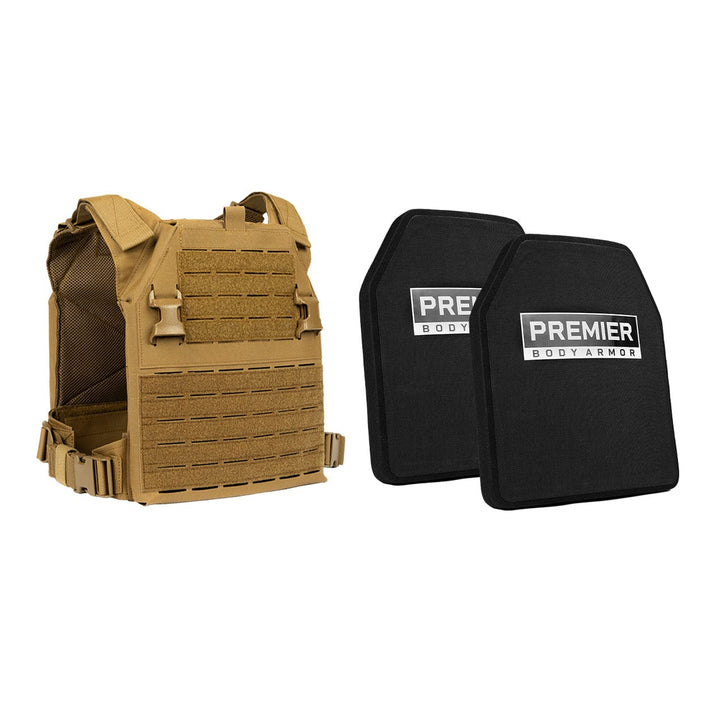 The image displays a tan Fortis Level IV Loadout with adjustable straps next to two black Level IV Plates labeled "Premier Body Armor." The vest features a grid of webbing on the front for attaching equipment, offering tactical flexibility.