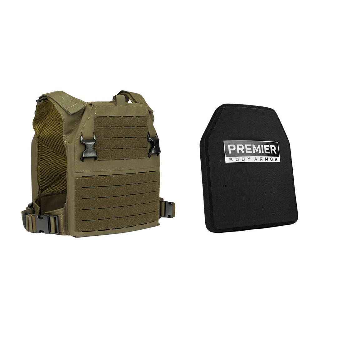 An olive drab tactical vest with multiple attachment points and two buckle fasteners is shown next to a black body armor plate labeled "Premier Body Armor," offering tactical flexibility akin to the robust Fortis Level IV Loadout from Premier Body Armor.