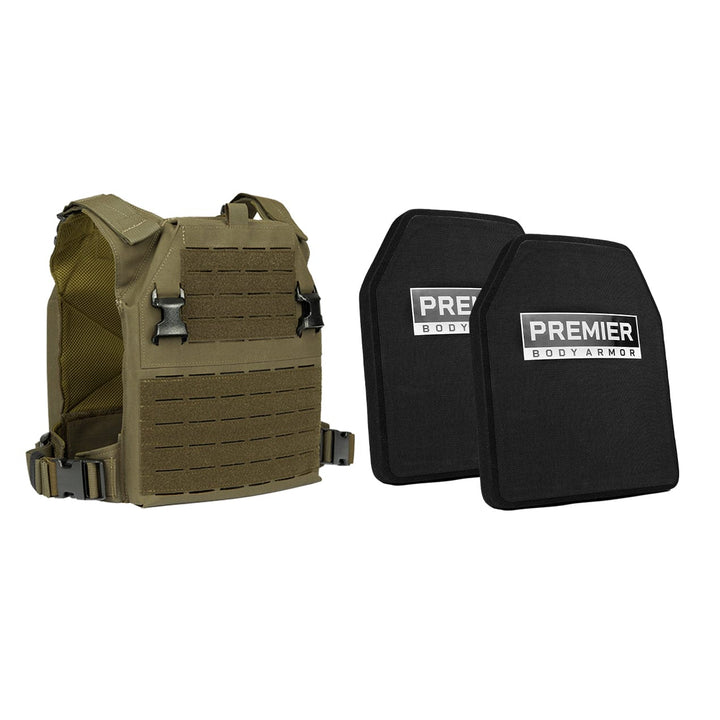 A tan Fortis Level IV Loadout from Premier Body Armor, featuring MOLLE webbing, is displayed next to two black Level IV Plates also branded as Premier Body Armor. The vest includes adjustable shoulder straps and side buckles, while the plates are designed to be inserted into the vest for enhanced protection and tactical flexibility.