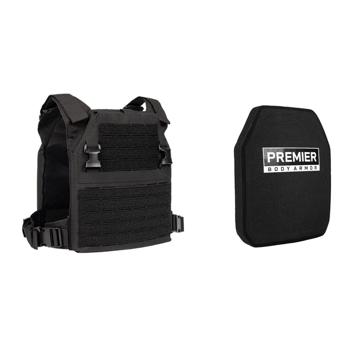 On the left, a black tactical vest with adjustable straps and multiple loops complements the Fortis Alpha Carrier setup. To the right, a Fortis Level III+ GT Plate from Premier Body Armor enhances the loadout. Both are set against a plain white background.