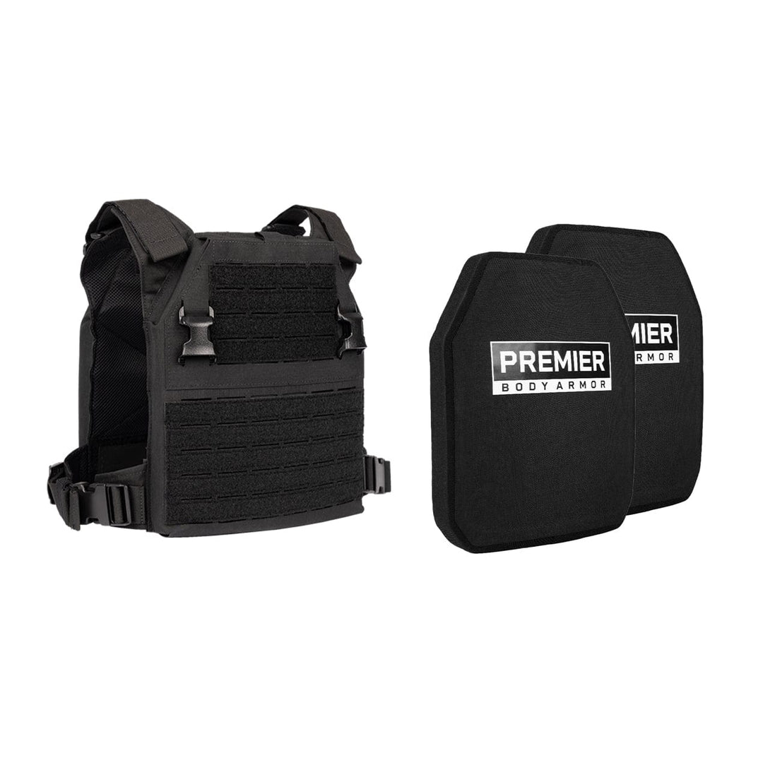 The image shows a black Fortis Alpha Carrier tactical vest with shoulder straps and front buckle closures on the left, paired with Fortis Level III+ GT Loadout plates by Premier Body Armor on the right. Both vest and plates are black and robust.