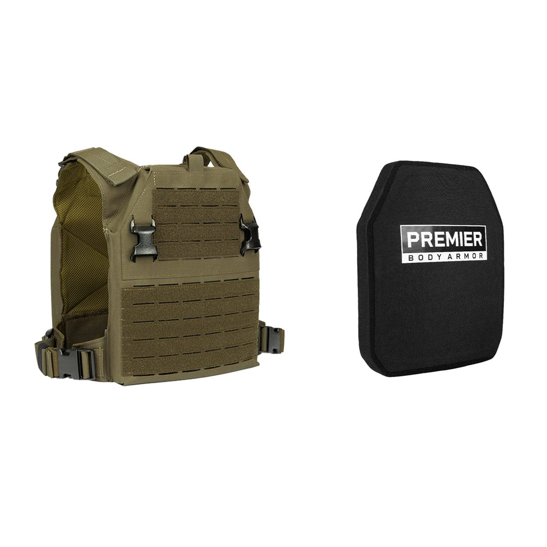 A green tactical vest with various attachment points is displayed next to a black body armor plate branded "Premier Body Armor," both part of the Fortis Level III+ GT Loadout, offering robust protection for any mission.