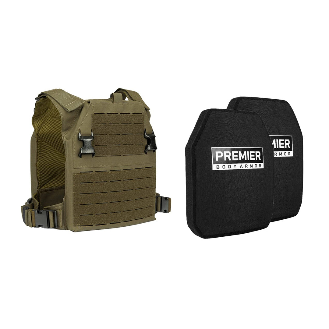 An olive green tactical vest is shown alongside two black "Fortis Level III+ GT Loadout" plates by Premier Body Armor against a white background.