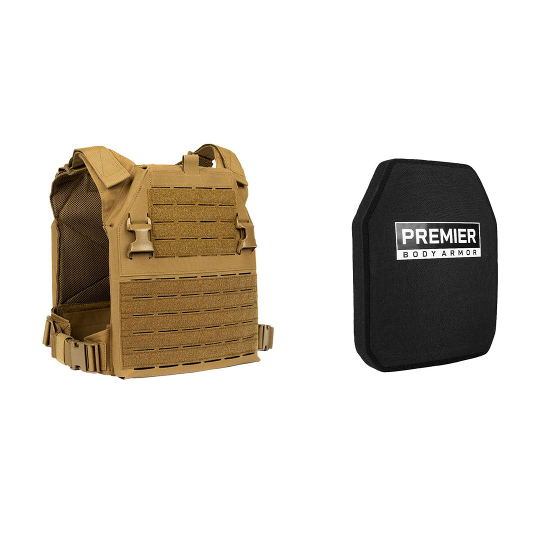 The Fortis Level III+ GT Loadout, featuring a tan tactical vest with multiple pockets and adjustable straps, is displayed on the left. Adjacent to it on a white background is a black rectangular armor plate labeled "Premier Body Armor" that fits the Fortis Alpha Carrier.