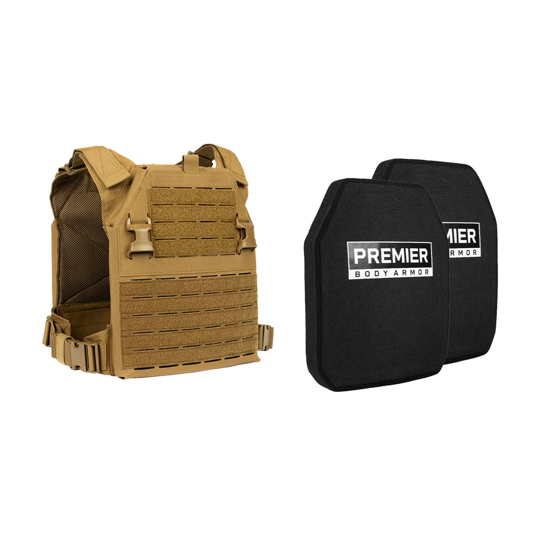 The Fortis Level III+ GT Loadout tactical vest, by Premier Body Armor, in tan with modular attachments, is paired with two black armor plates, providing ballistic protection and superior security for tactical professionals in high-risk environments.