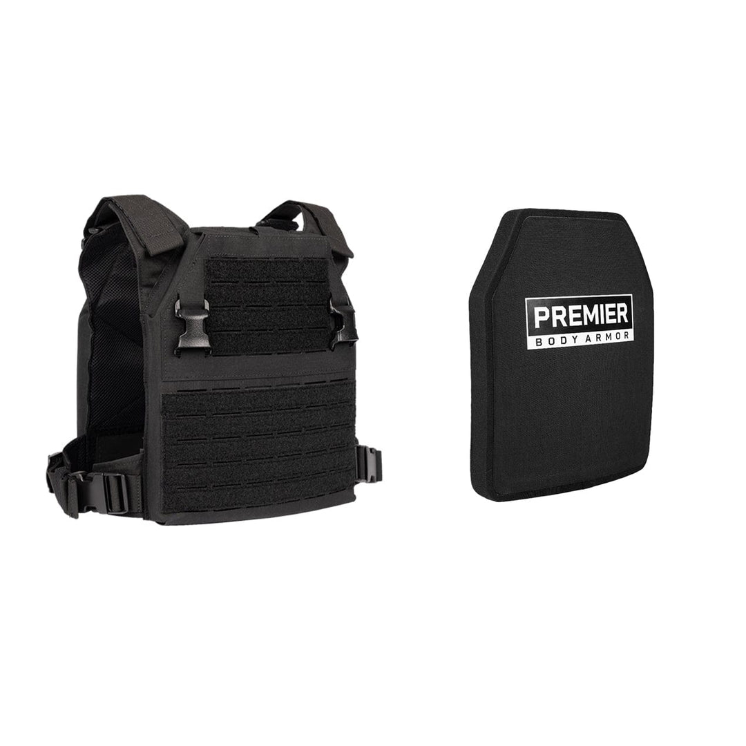 A black Premier Body Armor tactical vest with adjustable straps and a black body armor plate, both part of the Fortis Level III+ Loadout, are set against a white background, highlighting their robust design and protective capabilities.