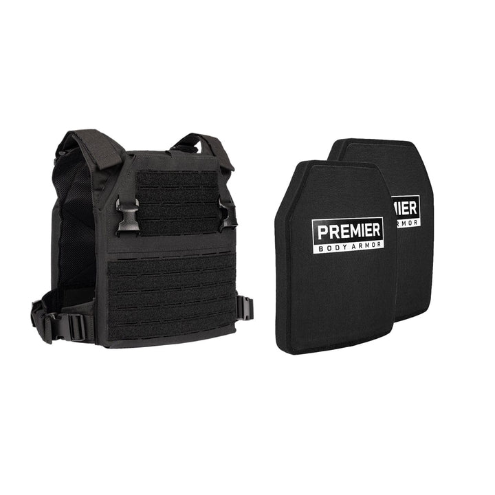 On the left, a black Fortis Level III+ Loadout tactical vest by Premier Body Armor with straps and buckles is displayed. To the right, two black protective plates labeled "Premier Body Armor" in white stand upright.