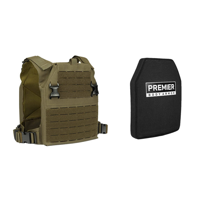 A tan tactical vest from the Fortis Level III+ Loadout is paired with a black hexagonal plate labeled "Premier Body Armor." The vest has adjustable shoulder straps and buckle closures, while the plate features a white text logo.