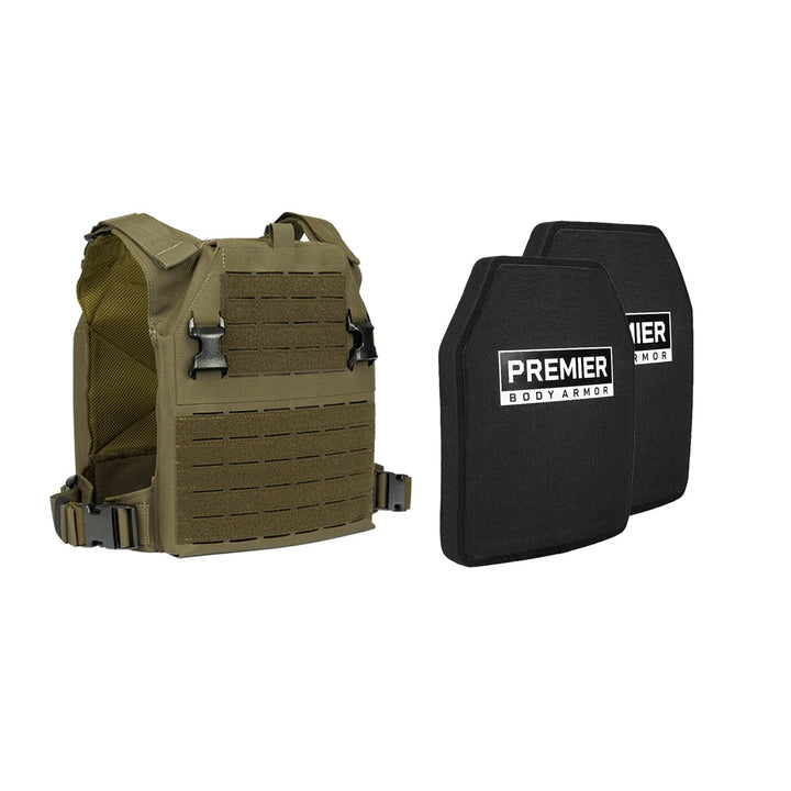 A tan tactical vest with adjustable straps and MOLLE webbing sits beside two Fortis Level III+ Multi-Curve Plates by Premier Body Armor, creating a robust setup against a white background.