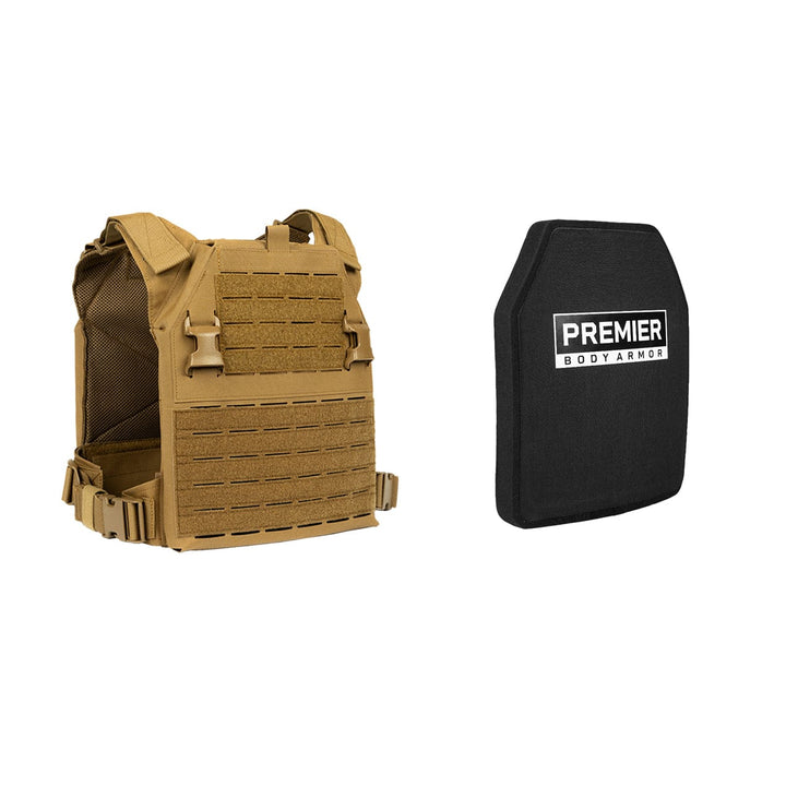 A tan tactical vest with adjustable straps is displayed beside a Fortis III+ Multi-Curve Plate labeled "Premier Body Armor." It has multiple compartments and attachment points, making it essential for the Fortis Level III+ Loadout by Premier Body Armor.