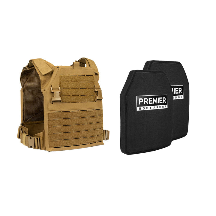 A tan tactical vest with modular attachments is shown alongside two black Fortis Level III+ Loadout plates, branded "Premier Body Armor," emphasizing its compatibility with comprehensive tactical defense systems.