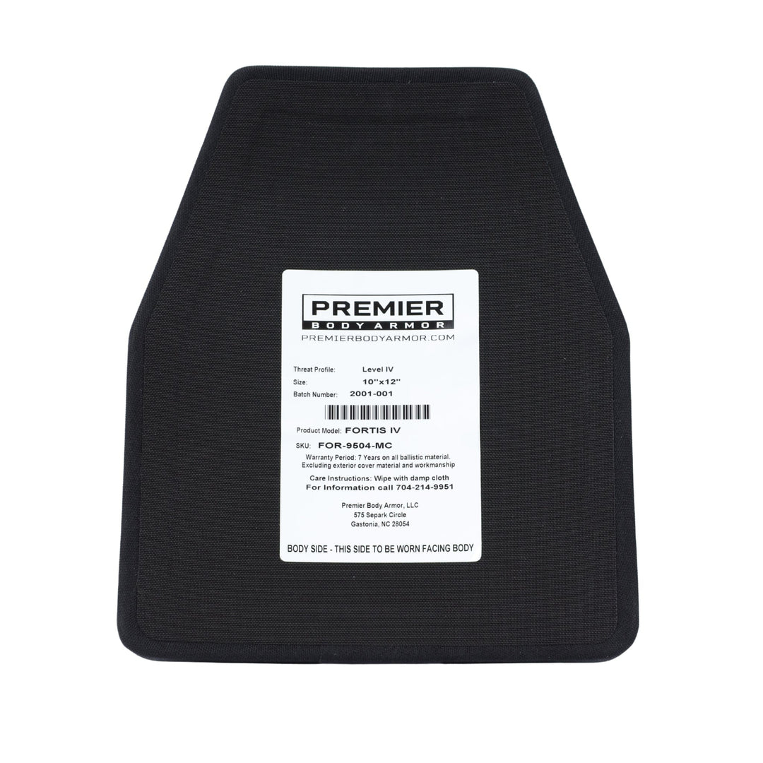 A rectangular black Fortis IV/RF3 Multi-Curve ballistic plate by Premier Body Armor features a white center label showing specs, model, and threat level, and indicates the side that should face the body for multi-hit protection.