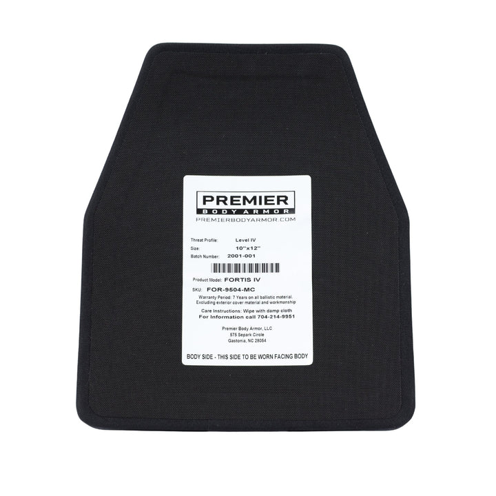 A rectangular black Fortis IV/RF3 Multi-Curve ballistic plate by Premier Body Armor features a white center label showing specs, model, and threat level, and indicates the side that should face the body for multi-hit protection.
