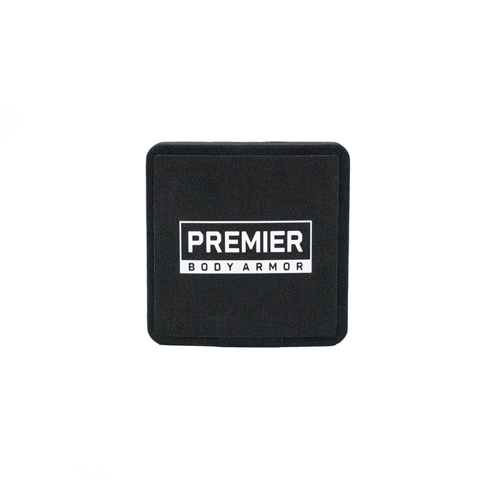 The Fortis III+/RF1 Side Plate Set by Premier Body Armor features a black exterior with "PREMIER BODY ARMOR" in white. It is designed to meet top body armor standards, offering reliability at an affordable price.