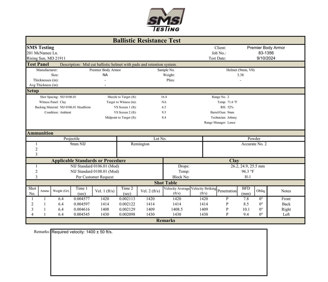 Ballistic resistance test report for the Premier Body Armor Fortis Ballistic Helmet by SMS Testing. It includes setup, ammunition, standards, and a shot table with details on velocity, drop, penetration, and deformation. Test date: 9/10/2024.