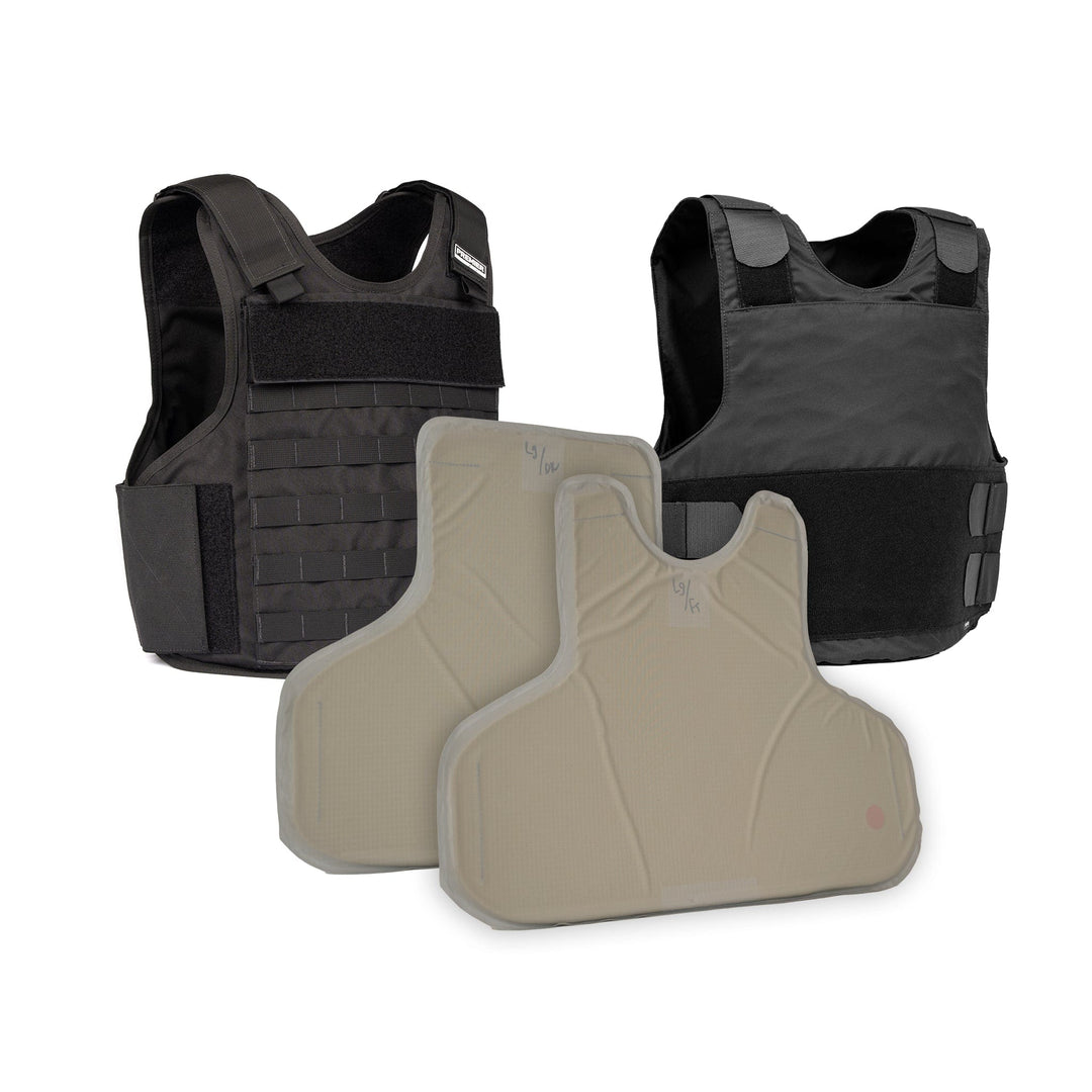 The image displays the Premier Body Armor Overt / Covert Vest Bundle (old), featuring two black vests equipped with multiple straps and pockets, accompanied by two tan-colored ballistic plates with smooth surfaces. These items are arranged against a plain white background, highlighting their durable and practical design.