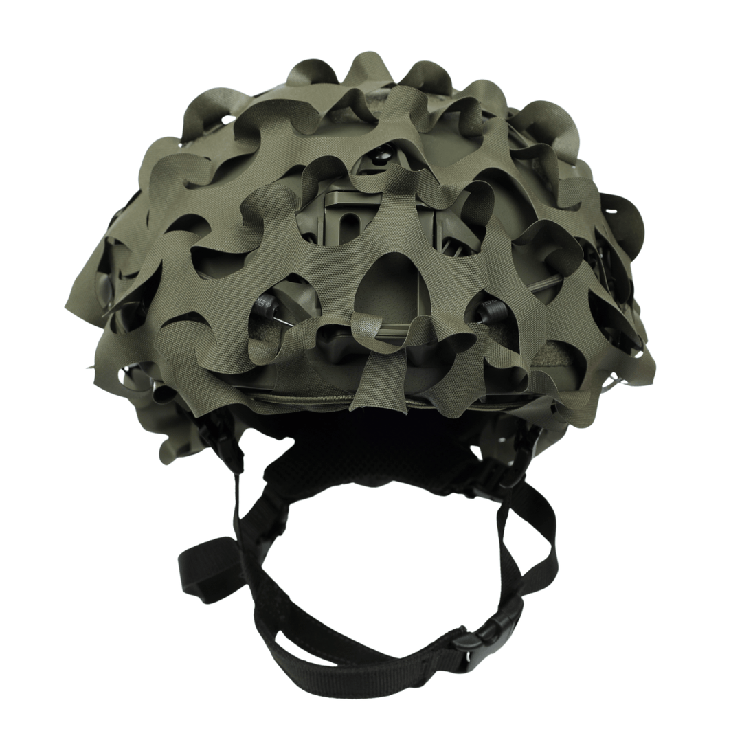 The OPE Gear Helmet Scrim - Camo Helmet Cover by OPE Gear features green camouflage netting with irregular cut-outs and comes with an adjustable black chin strap with buckles for a secure fit.
