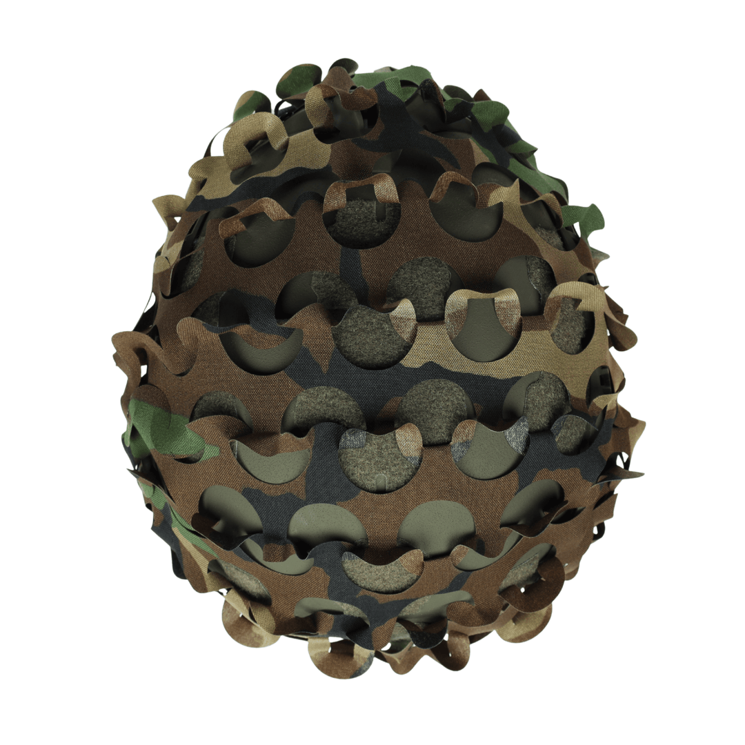 The OPE Gear Helmet Scrim - Camo Helmet Cover by OPE Gear features overlapping, camouflage-patterned cutouts with irregular edges for a layered, tactical look in green, brown, and tan.