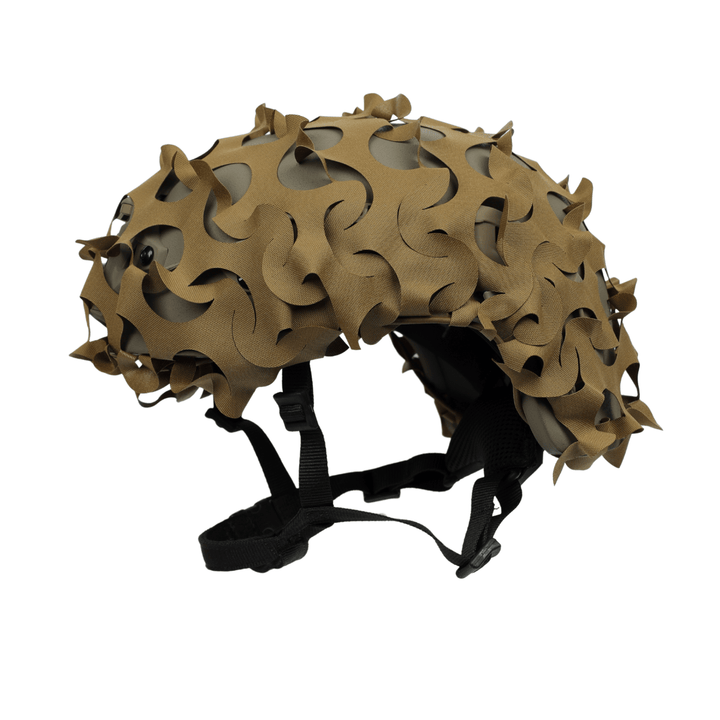 The OPE Gear Helmet Scrim - Camo Helmet Cover by OPE Gear in coyote brown features leaf-shaped cutouts and tactical scrim, shown on an ACH helmet with black adjustable straps and buckles against a white background.