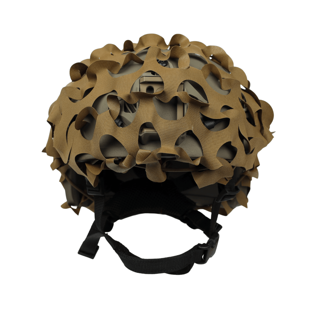 The OPE Gear Helmet Scrim - Camo Helmet Cover by OPE Gear features brown, irregular tactical scrim and a black chin strap on a military ACH helmet, shown from the front against a white background.