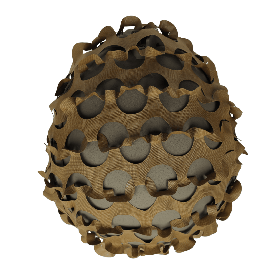 The OPE Gear Helmet Scrim - Camo Helmet Cover by OPE Gear features an irregular, wavy brown design with circular holes that reveal a smooth gray base, giving your helmet an organic, sculptural look reminiscent of tactical gear.