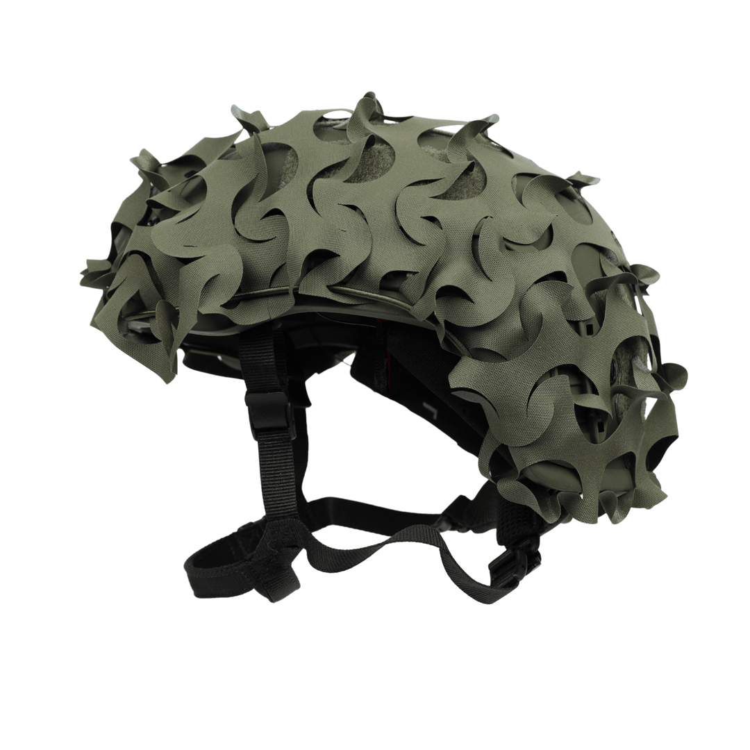 The OPE Gear Helmet Scrim is a camo helmet cover by OPE Gear in Ranger Green, designed for military ACH helmets. It features raised curved shapes for camouflage and is compatible with adjustable black chin straps and side buckles.